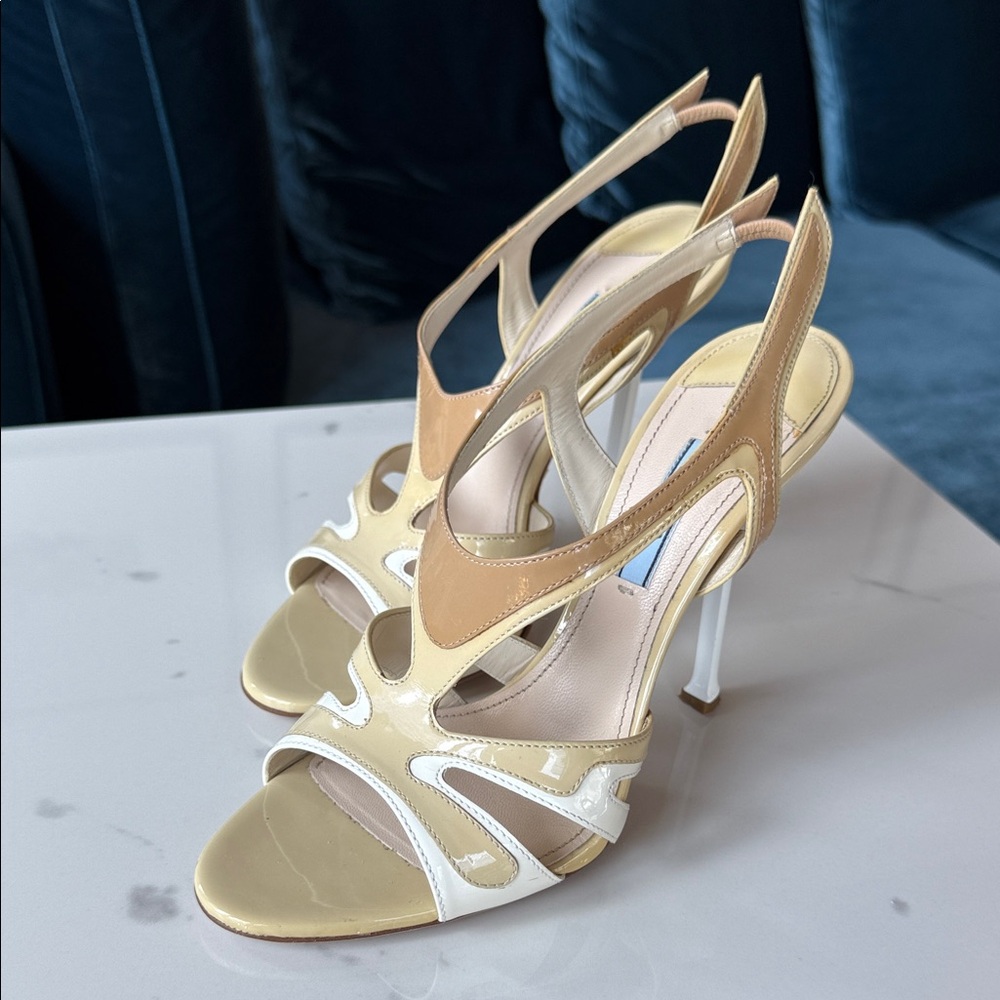 Prada Beige and White Strappy Heels